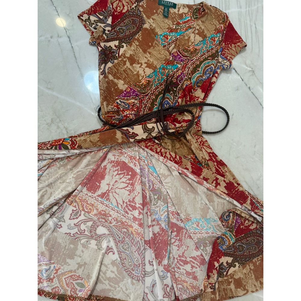 Lauren Ralph Lauren Petite Paisley Patchwork Faux Wrap Dress with Belt PM Red 71 - Picture 8 of 12
